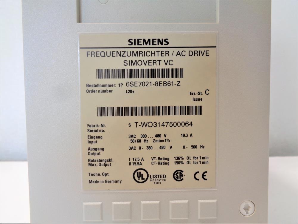 Siemens Simovert VC AC Drive 6SE7021-8EB61-Z